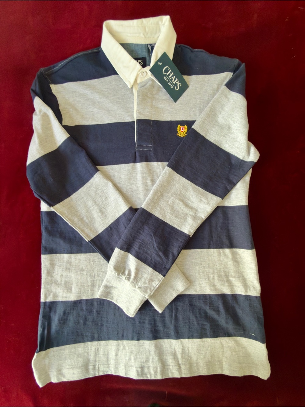 Chaps Men’s Navy & Gray Striped Rugby Shirt with White Collar Sz S BN
